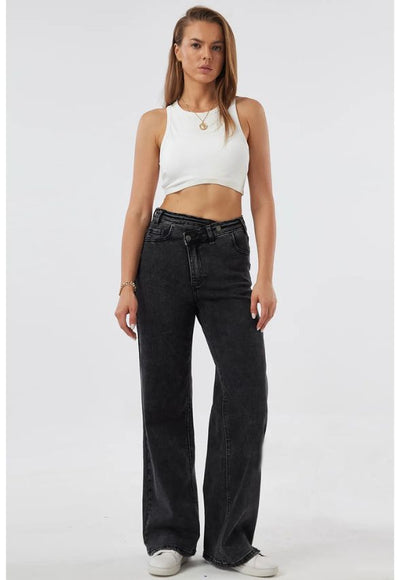 Overlap High Waist Dad Fit Jeans Faded Black