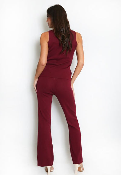Knit Waistcoat & Flare Trousers Set Wine