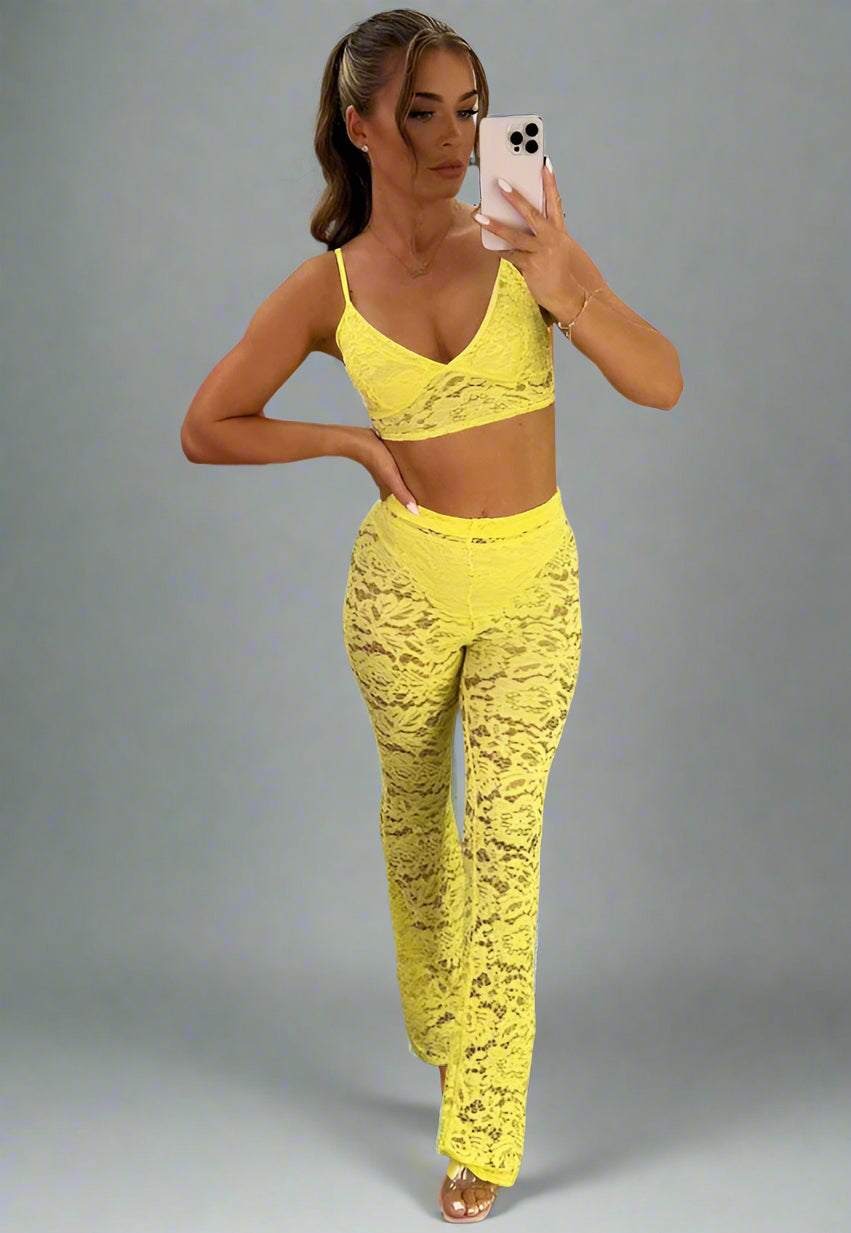 Yellow Lace Flared Trousers And Top Co Ord Two Piece Set