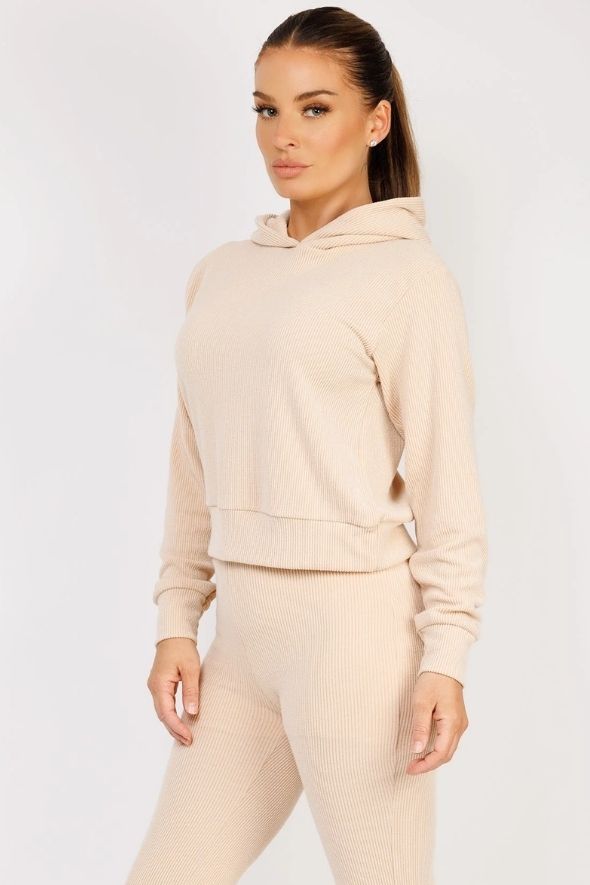 Beige Ribbed Hoody & Skinny Flare Trousers Loungewear Set