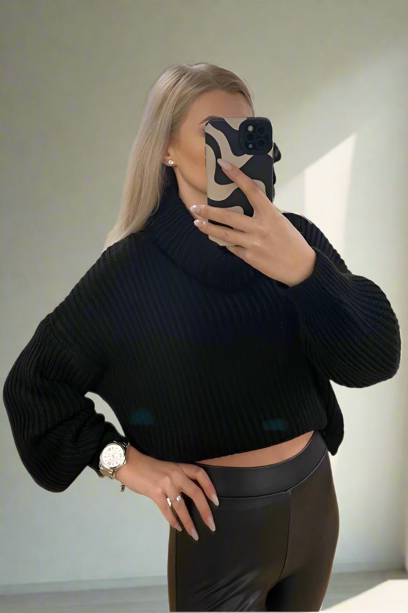 Relaxed Cropped Roll Neck Jumper Black