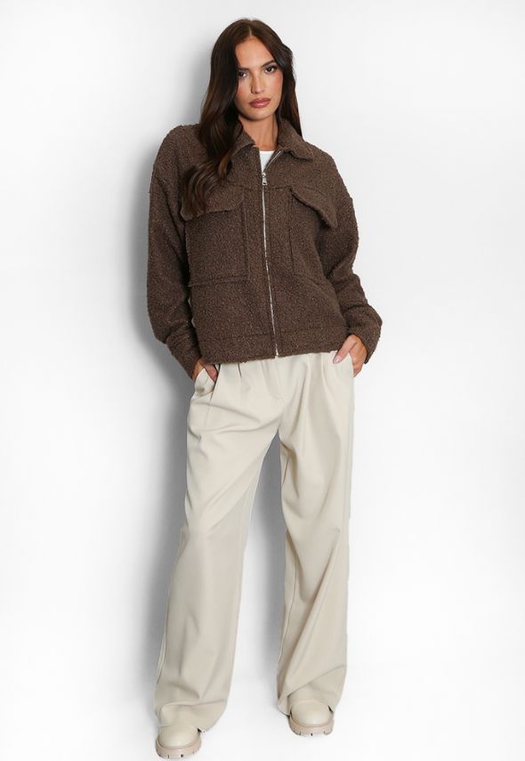Fleece Jacket With Oversized Pockets Brown