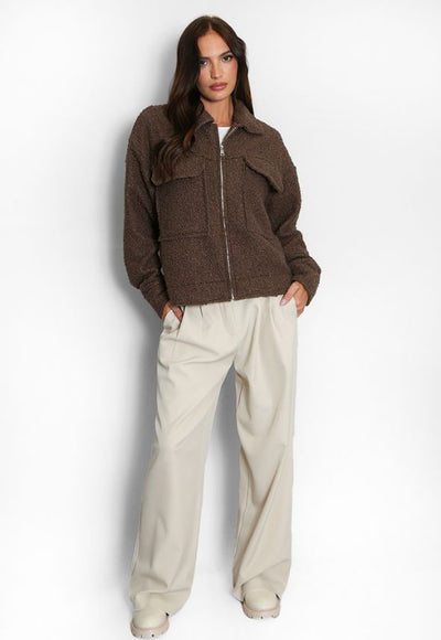 Fleece Jacket With Oversized Pockets Brown