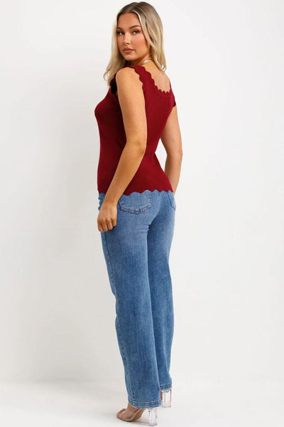 Knitted Vest Top With Scalloped Neck Burgundy