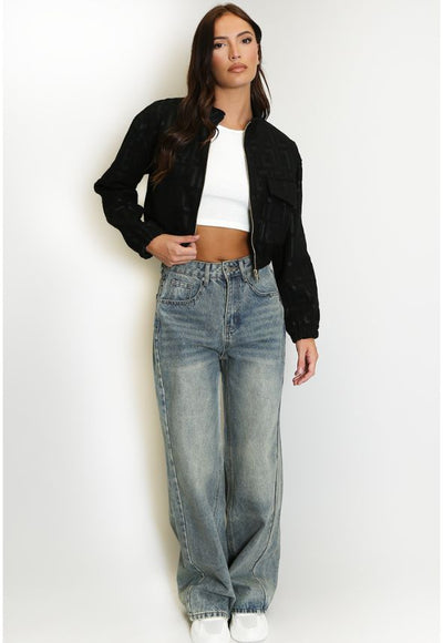 Cropped Print Suedette Bomber Jacket Black