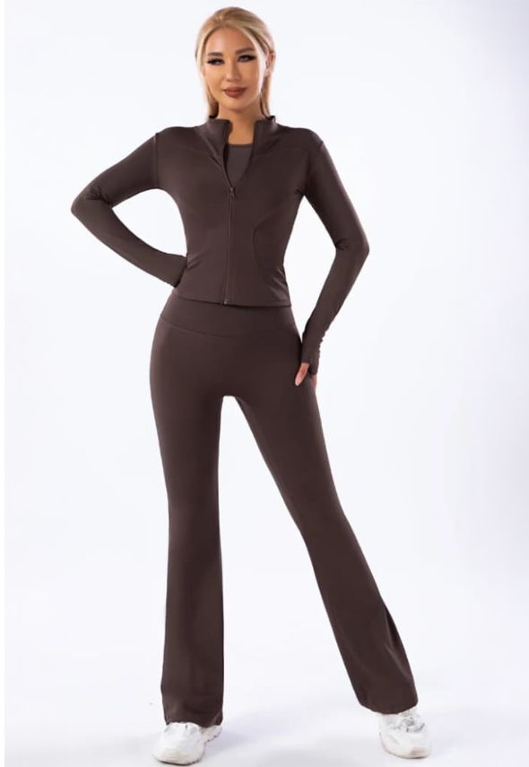 Fleece Lined Active Zip Top with Push Up Flare Trouser Brown
