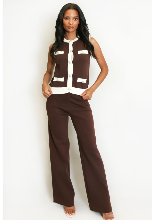 Ribbed Contrast Trim Waistcoat and Wide Trousers Set Brown