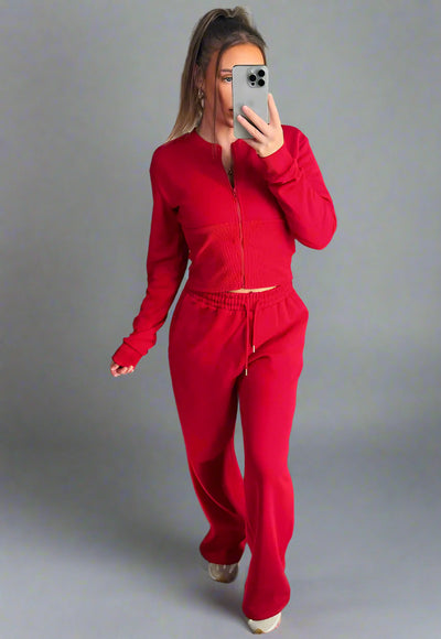 Corset Zip Up Crop Sweatshirt And Joggers Tracksuit Co Ord Red