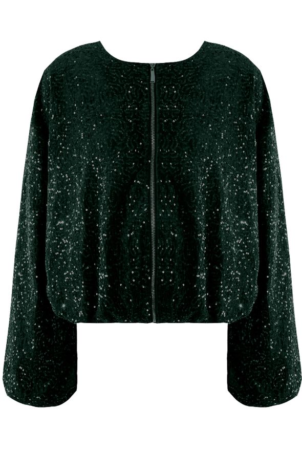 Collarless Sequin Bomber Jacket Green