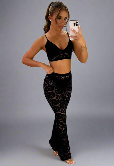 Black Lace Flared Trousers And Top Co Ord Two Piece Set