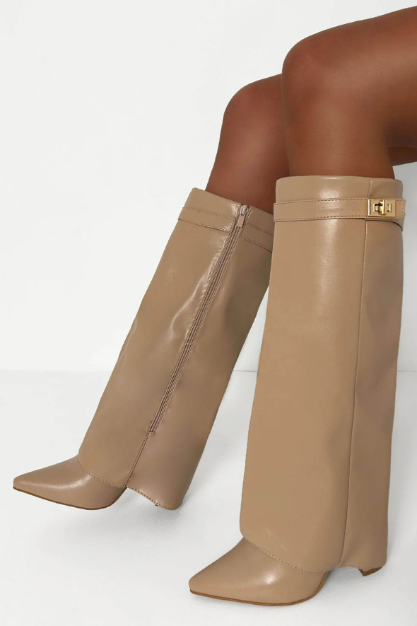 Nude Faux Leather Fold Over Knee High Shark Boots