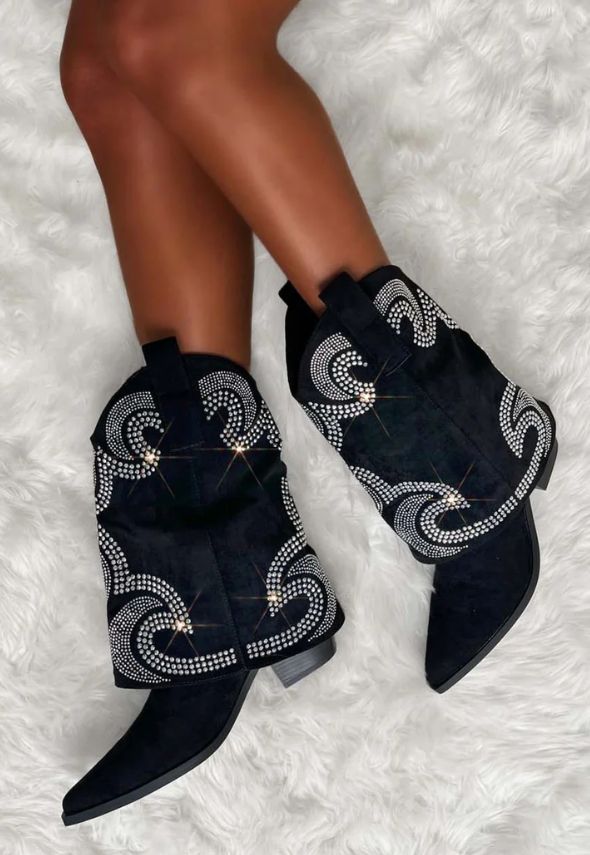 Bling Studded Cowboy Shark Boots Black