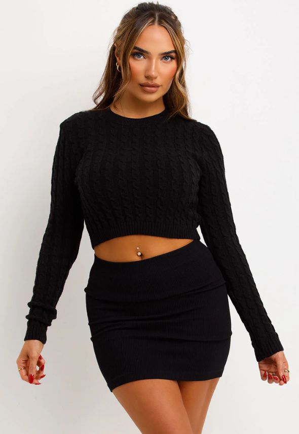 Long Sleeve Crop Jumper Cable Knit Black