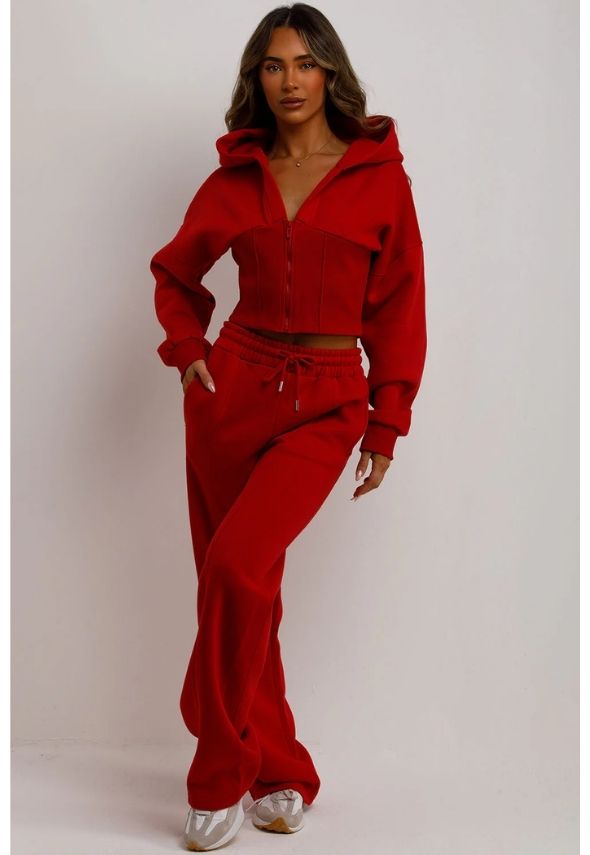 Corset Hoodie And Jogger Tracksuit Co Ord Set Red