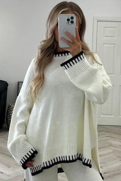 Round Neck Oversized Knitted Design Top & Trouser Set - Cream/ Black