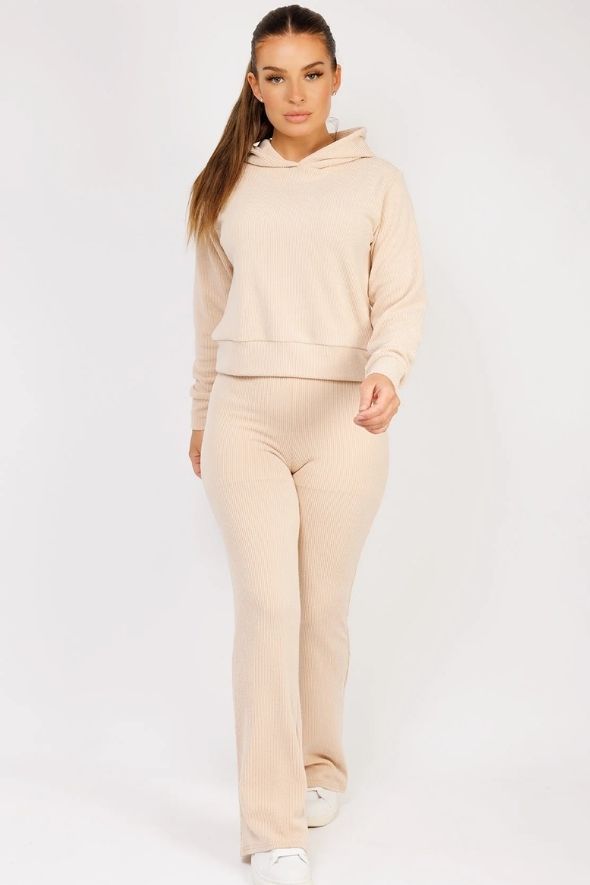 Beige Ribbed Hoody & Skinny Flare Trousers Loungewear Set