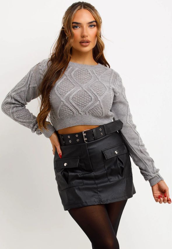 Cable Knit Jumper Cropped Grey