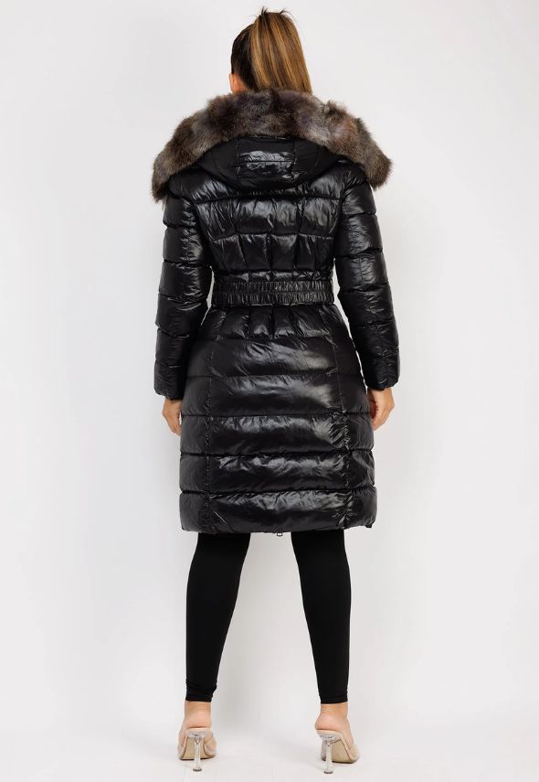 Black Long Padded Puffer Trench Coat Jacket With Faux Fur Hood & Belt