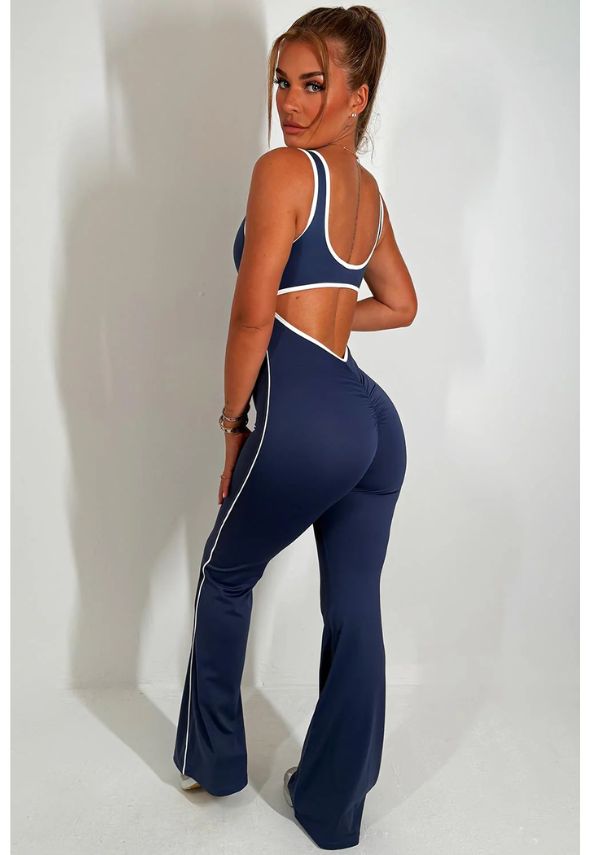 Skinny Flare Leg Jumpsuit With Open Back Navy