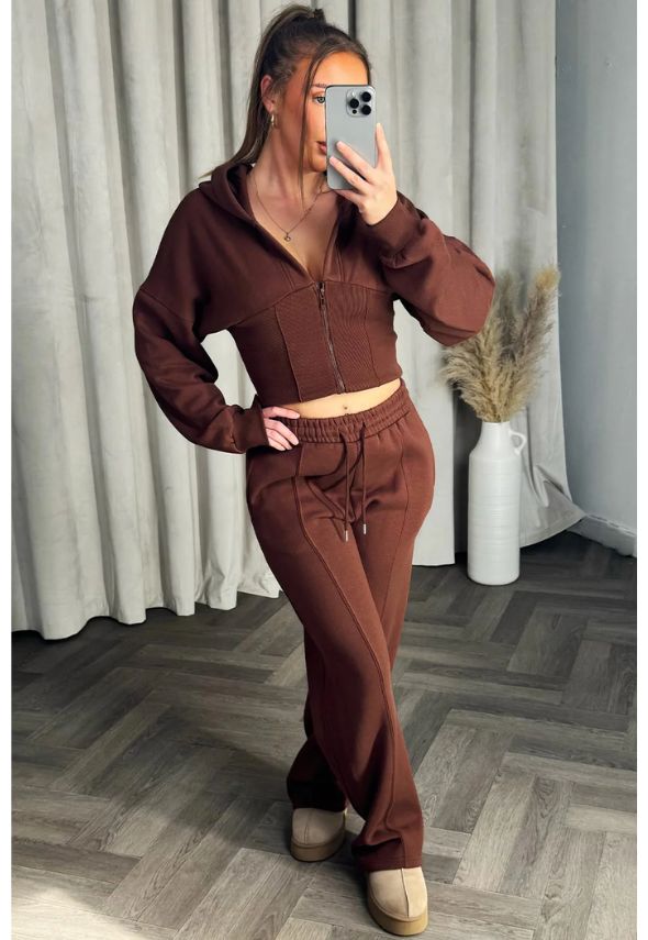 Corset Hoodie And Joggers Tracksuit Co Ord Set Brown