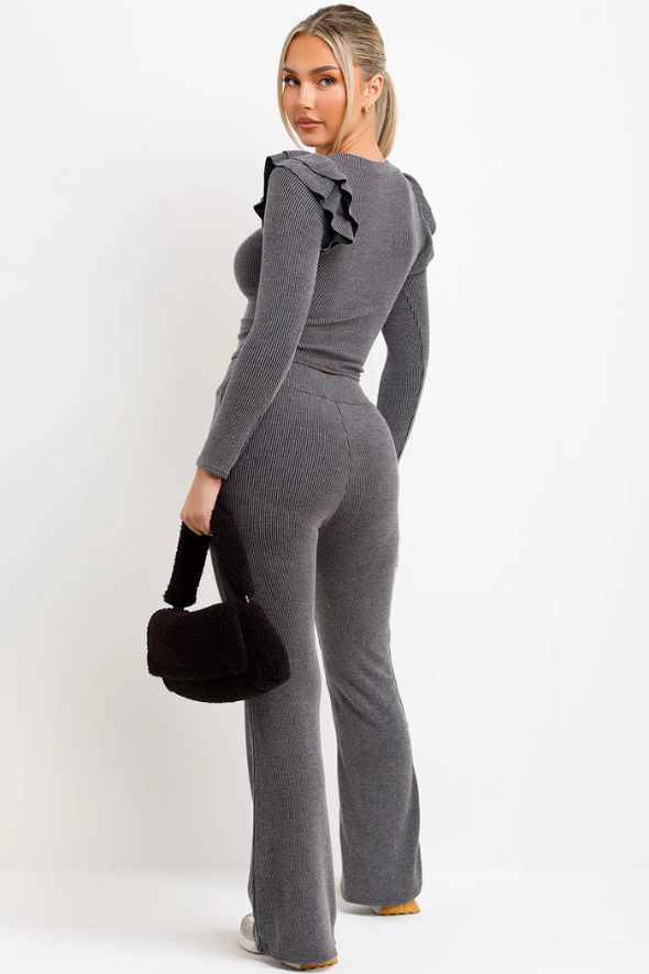 Ribbed Long Sleeve Frill Shoulder Top Skinny Flare Trouser Loungewear Charcoal