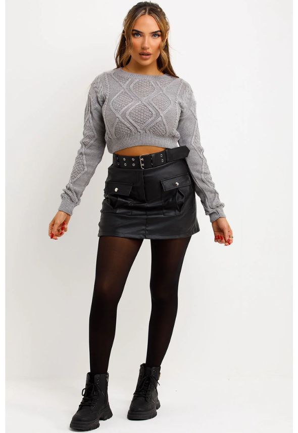 Cable Knit Jumper Cropped Grey