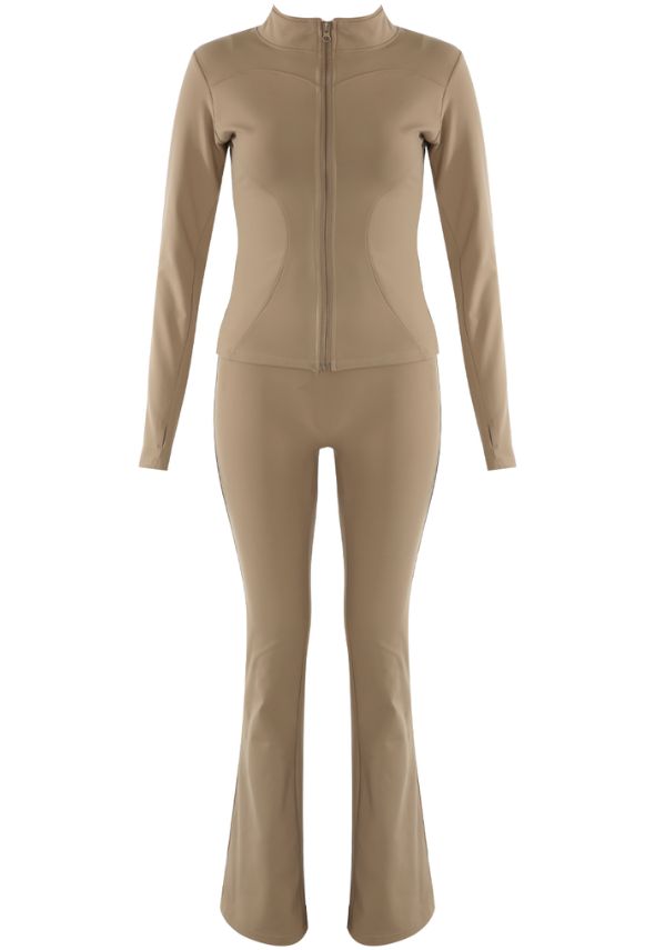 Fleece Lined Active Zip Top with Push Up Flare Trouser Beige