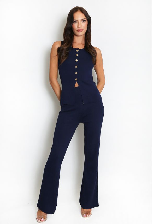 Knit Waistcoat & Flare Trousers Set Navy