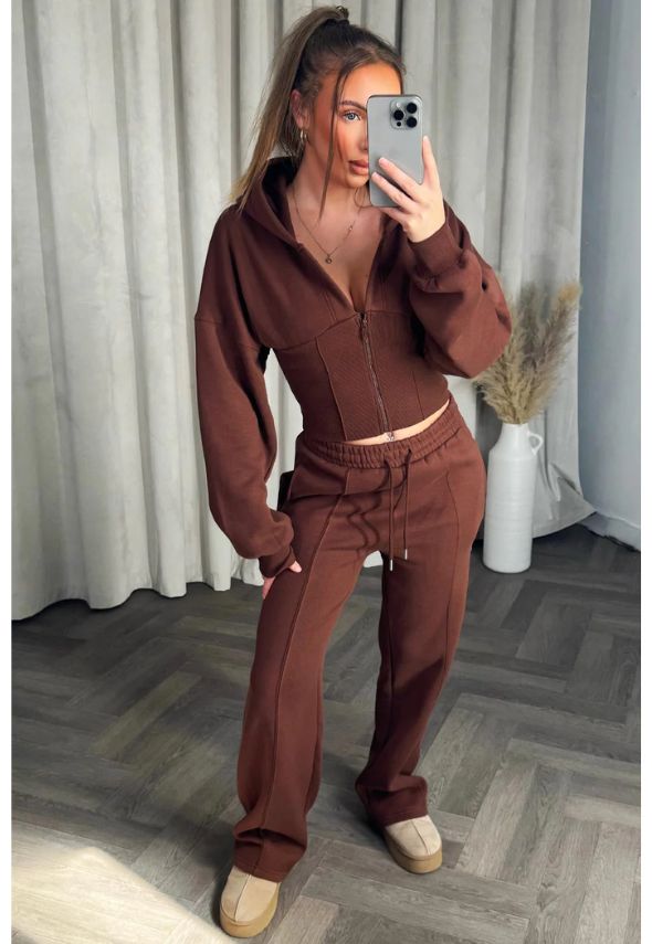 Corset Hoodie And Joggers Tracksuit Co Ord Set Brown