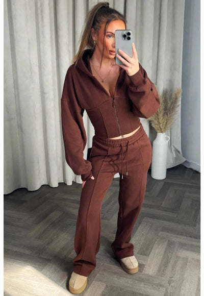 Corset Hoodie And Joggers Tracksuit Co Ord Set Brown