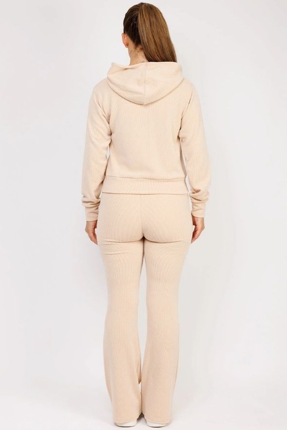 Beige Ribbed Hoody & Skinny Flare Trousers Loungewear Set