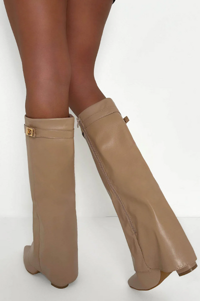 Nude Faux Leather Fold Over Knee High Shark Boots