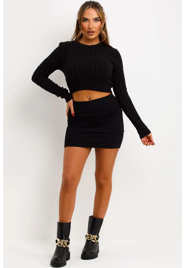 Long Sleeve Crop Jumper Cable Knit Black