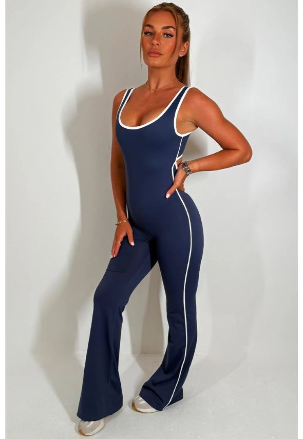 Skinny Flare Leg Jumpsuit With Open Back Navy