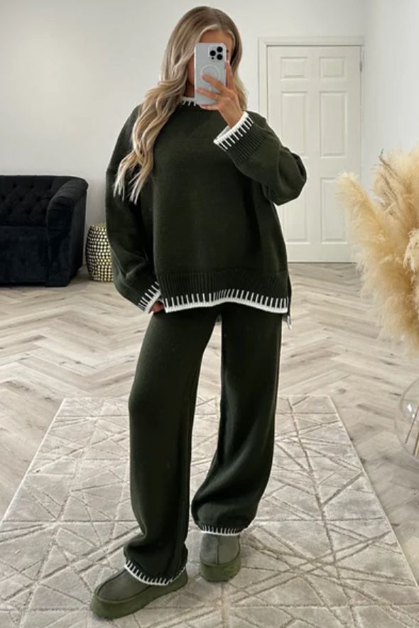 Round Neck Oversized Knitted Design Top & Trouser Set - Khaki/ White