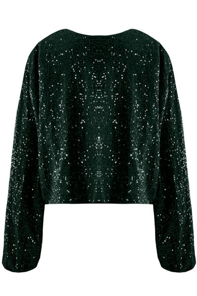 Collarless Sequin Bomber Jacket Green