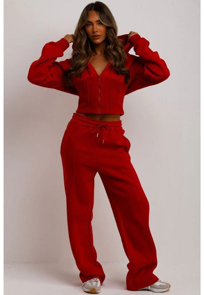 Corset Hoodie And Jogger Tracksuit Co Ord Set Red