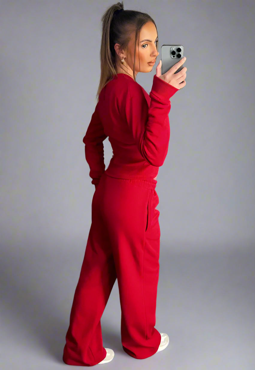 Corset Zip Up Crop Sweatshirt And Joggers Tracksuit Co Ord Red