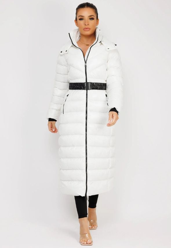 White Long Padded Puffer Trench Coat Jacket With Hood & Belt