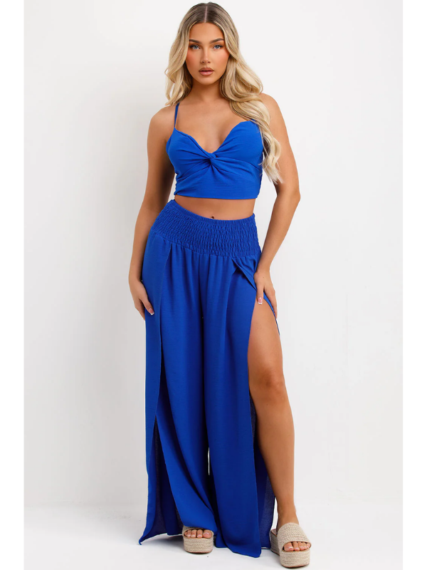 Wide Leg Trouser With Side Split And Top Set Royal Blue