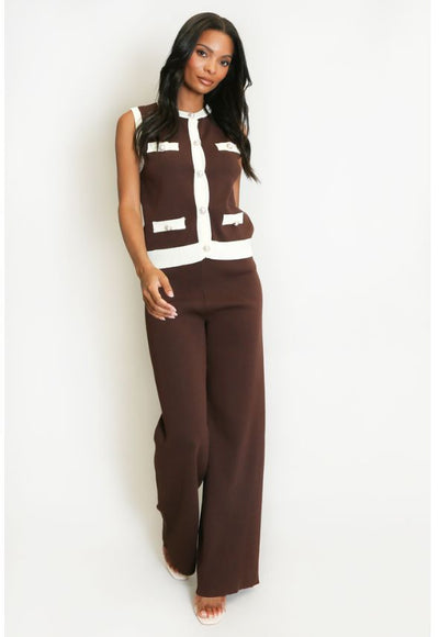 Ribbed Contrast Trim Waistcoat and Wide Trousers Set Brown