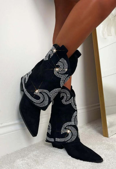Bling Studded Cowboy Shark Boots Black