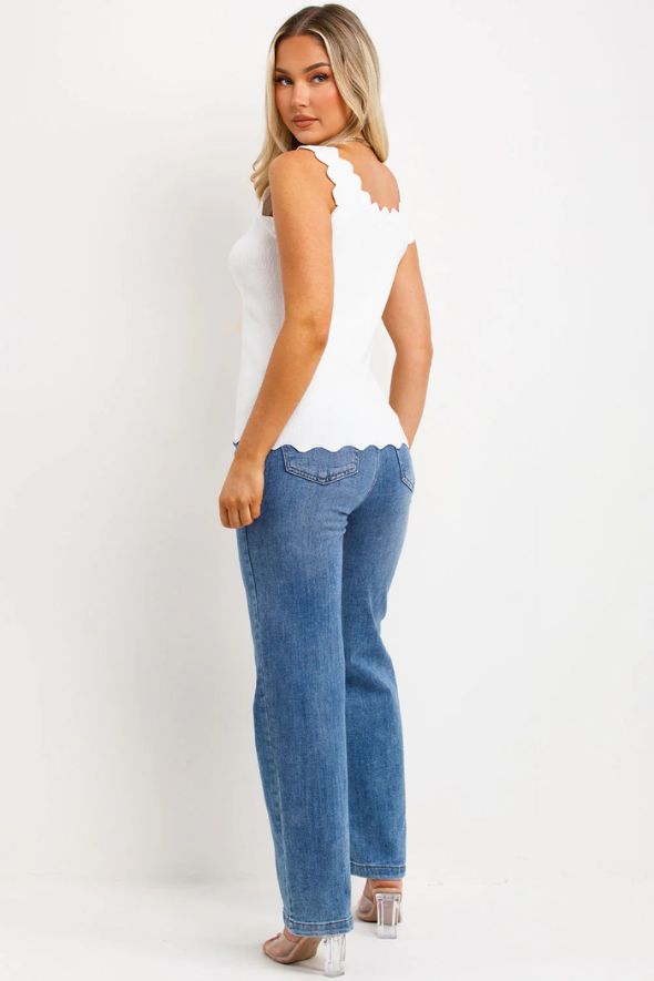Knitted Vest Top With Scalloped Neck White