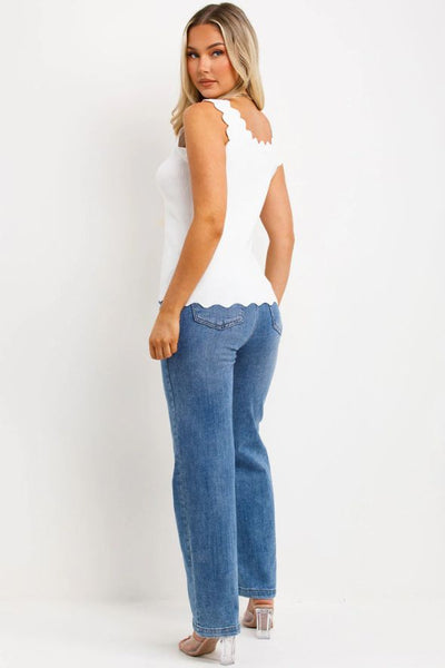 Knitted Vest Top With Scalloped Neck White