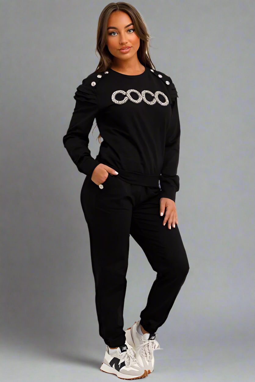 Gold Button Frill Shoulder Loungewear Set With CoCo Diamante Black