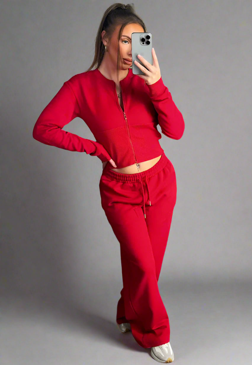 Corset Zip Up Crop Sweatshirt And Joggers Tracksuit Co Ord Red