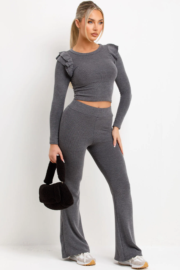 Ribbed Long Sleeve Frill Shoulder Top Skinny Flare Trouser Loungewear Charcoal