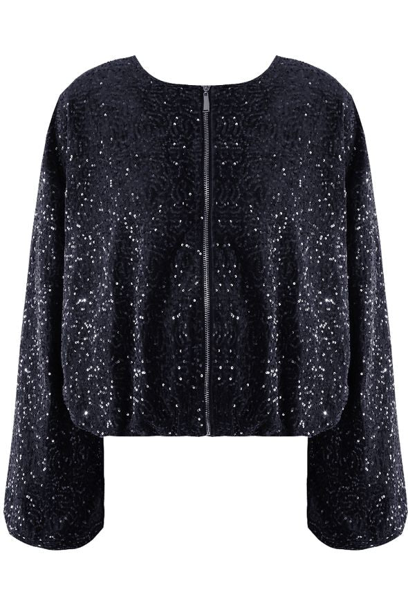 Collarless Sequin Bomber Jacket Navy