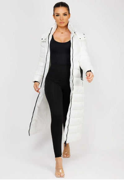 White Long Padded Puffer Trench Coat Jacket With Hood & Belt