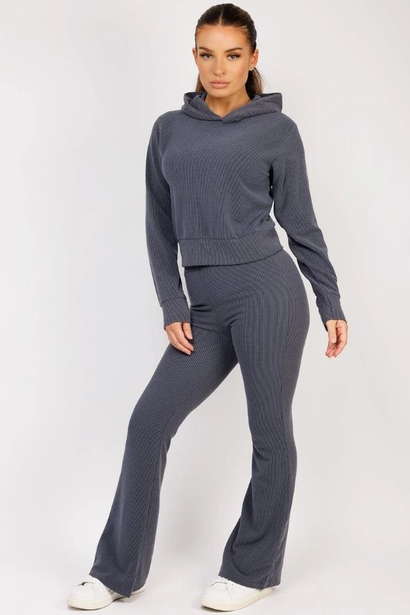 Airforce Blue Ribbed Hoody & Skinny Flare Trousers Loungewear Set